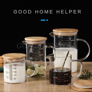 Graduated Beaker Mug with Bamboo Lid and Handle Transparent Home Coffee Drinking Water Glasses Borosilicate Glass Measuring Cup