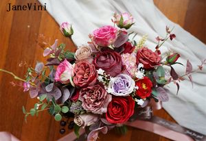 Janevini vintage Gothic Red Bouquets de noiva escura Eucalipto Artificial Rosas de seda Big Bouquet Falento Bouquet