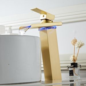 Tuqiu Basin Faucet Temperature Controlled Led Faucet LED Crane Water Tap Brushed Gold Bathroom Waterfall Faucet Bathroom Faucets