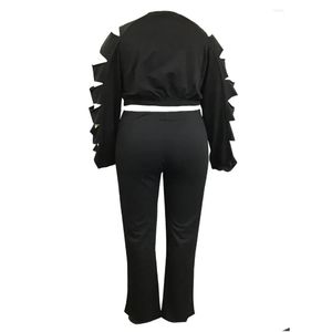 Damen-Trailsuits 4xl 5x LW Plus Größe Herbst Winter Frauen schneiden hohe Taillenhosen aus, täglich lässigen runden Hals Langarm zweier Teile d DHT5B