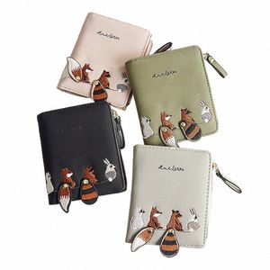 new Embroidered Animal Design Wallet for Women Vogue Carto Racco Fox Tail Leather Wallets Zip Coin Pocket Student Fold Purse j2B2#