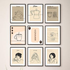 Decor Modular Beige Pictures Nordic Style Print Poster Line Drawing Girl Coffee Cup Wall Art Canvas Painting For Kitchen Home