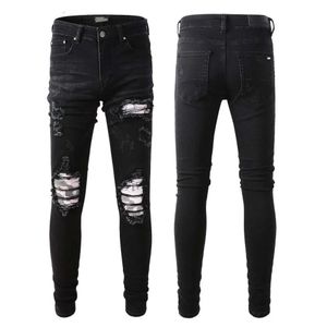 Moda Demin Mens amiirii Jean 2023 Purple 849 High Jeans Street Brand Black Hole Patch Elastic Slim