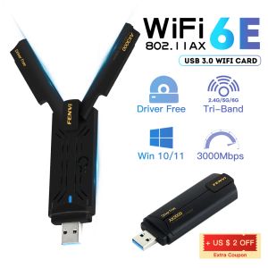 Cartões fenvi wifi6e USB3.0 WiFi Adaptador AX3000 Triband Wireless Card WiFi Dongle USB Receptor WLAN para laptop/PC Win10/11 Driver grátis