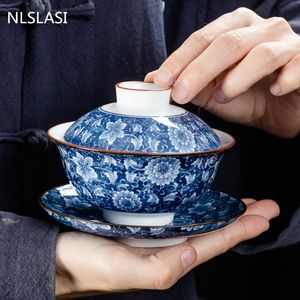 Chinesische Keramik Tee Tureen Hand bemalt blau und weiße Porzellan Gaiwan Reise tragbarer Teebecher Haushaltswaren Teetasse Teetasse