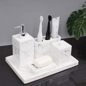 Tuqiu Ceramic Bathroom Accessories Set Soap Dispenser Toothbrush Holder Soap Holder Tray Lavatory Luxury 5-6 Pcs Set Wedding