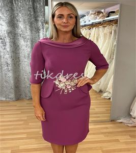 Modest Grape Mother of the Bride Dresses Scoop Knee Length Beaded Mom Short Evening Dress Half Sleeve Wedding Guest Party Dress 2024 vestidos para madrina de la novia