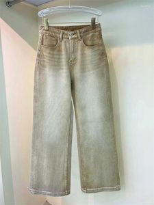 Jeans femininos com cintura alta lavada lada stay slow boletas bolsos de miçangas ladras de jeans versáteis 2024