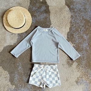 New Summer Kid Boy Swimming Wear 2pcs Blue Seagull Beige Sun Swimsuits+Trunks Hot Spring Sunscreen Children Clothes E6779