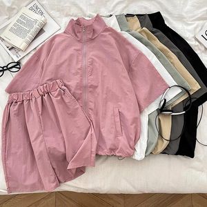 Women's Tracksuits Women Summer Shorts Suits Solid Stand Collar Zip Loose Sunscreen Jacket Elastic Waist Two Pieces Female Casual Clothing