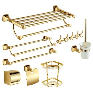 Gold Bathroom Accessories Set Soild Brass Towel Ring/Rack Paper/Toilet Brush/Hair Dryer Holder Hooks Soap Basket Bath Hardware