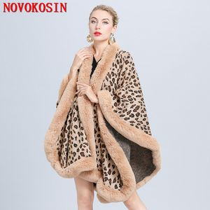 Vinter jacquard väv kappa tjock leopard poncho kappa kvinnor faux päls krage stor pendel svävar lös hjärtskal