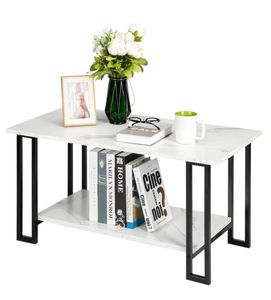 Enkla 2 lager järn soffbord 15 cm tjock mdf imitation marmor fyrkantig bordsskiva lagringsbord vit4821444