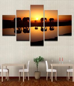 Холст плакат домашний декор гостиной, стена, художественные отпечатки 5 кусок слонов закат ландшафтные картины животные озеро картин каркас 9426328