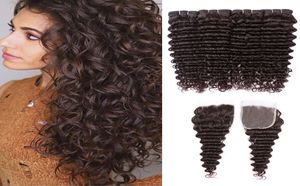 Бразильские глубокие вьющиеся волны 2 темно -коричневые человеческие волосы Человеческие волосы с 4х4 с кружевным закрытием Remy Extensions8540425