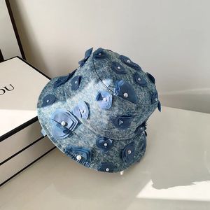 Design Denim Fabric Bucket Hat Cotton Breather Sun Visor Cap Women Casual Street Summer Heart Pearl Studded Chapeu Feminino240410