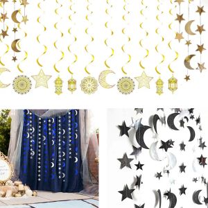 Eid Mubarak Banner Espiral Banner Islâmico Muslim Gold Swirl Eid Pingente Bunting Hajj Mubarak Festival Party Ramadan Decorações de casa