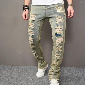 Мужские джинсы мужчины стильные винтажные дыры в хип -хопе растягивают тощие брюки мужчины, разорванные сплошными повседневными стройными брюками для джинсов