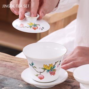 Chinese Phnom Penh White Porcelain Gaiwan Hand Painted Flowers Pattern Tea Bowl Home Ceramic Teacup Teaware Single Cup 180ml