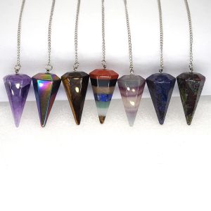 Healing Pyramid Hexagonal Pendulum Natural Gem Stone Chain Chakra Amulet Jewelry Pendant Reiki Crystal Decor Witchcraft Supplies