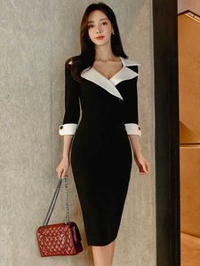 Urban Sexy Dresses New Fashion Elegant Office Lady Woman Dress Sexy Retro عرضية طوق الأسود الأسود الرسمي Slim Midi Pencil Pencil Femme Vestido 24410