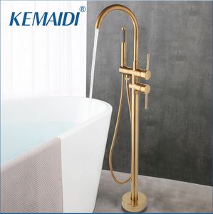 Kemaidi Brushed Gold Floor Mounted Bathtub Filler Shower Set Roman Tub Faucet Floor Sthaush Systerm Round Bath Mixerタップ