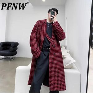 Men's Trench Coats PFNW Yamamoto Tide Darkwear Black Niche Plaid Fur Coat Red Retro Knee Length Windbreaker For Men Trendy Chic 12Z5171