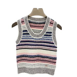 Funky Colored Striped Knit Vest Women U Neck Sleeveless Knit Tops Designer Tank Top Rhinestone Logo Button Knit Vest Tanks Tees