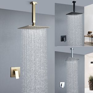 Brushed Gold Matte Black Polish Bathroom Shower Faucet Rainfall Square Shower Head Top Ceiling Mount Waterfall Shower Mixer Set