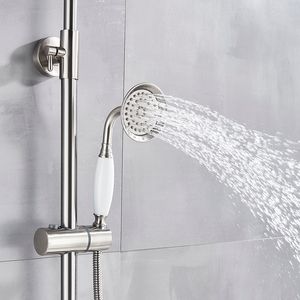 Brushed Nickle Bathroom Shower Faucet Mixer Set 8" Rainfall Shower Head Dual Handle + Tub Spout + Hand Held Shower Mixer Tap