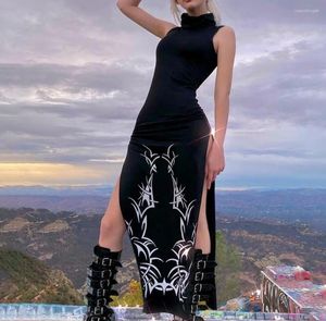 Casual Dresses Vintage Women Grunge Slit Maxi Long Dress Turtleneck Y2k Punk Black Sundress Fairycore Gothic Aesthetic Korean Street Slim