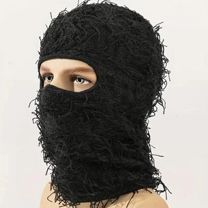 Hip Hop Balaclava Distressed Tassel Ski Mask Unisex Y2K Windproof Neck Warmer For Men Women Outdoor Cycling Knit Hat 240410