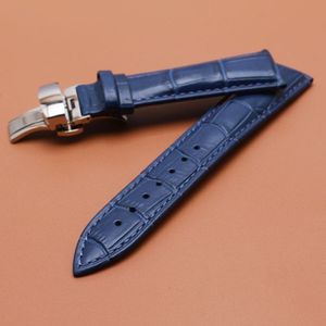 Banda de relógio de couro genuíno da banda de relógio 14mm 16mm 18mm 20mm 22mm Bandas de relógio azul escuro Strap Silver Clop Watch Acessórios190J