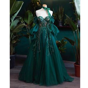 Kentsel Seksi Elbiseler Prom Elbise Koyu Yeşil Uzun Kabarcık Kolu A-Line Parti Elbise Aplike Çiçek Gecikme Elbise Kadınlar İçin Lüks Rüya 24410