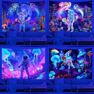 Tapissries UV Reactive Wall Tapestry Hippie Jellyfish Sushroom Hanging For Aesthetic Room Dorm Decor