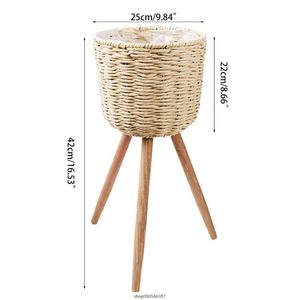 Nordic Style Floor Woven Round Storage Basket with Wooden Legs Plant Pot Stand Holder Flowerpot Planter Organizer 21 wholesales