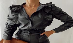 Women039s Bluses Shirts Vintage Black Tunic Spring Autumn Women Pu Leather Ruffles Långärmad mode Sexig V Neck -knappar B2449951