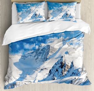 Mountain Bedding Set Forest Duvet Cover Queen/King Size,Nature Scene Grey Trees Art Folk Style 2/3pcs Polyester Comforter Cover