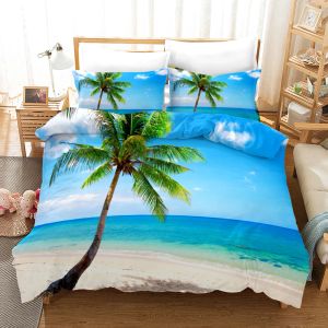 Cobertão de praia Conjunto de poliéster Ilha tropical com a palmeira e a praia do mar tema da natureza dupla rainha king size capa
