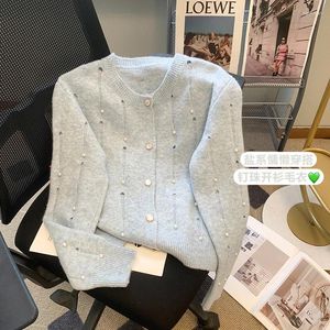 Kvinnors stickor stickad kofta för 2024 Spring Loose Fashion pärlstav tröja koreanska japan outwear kvinnkläder