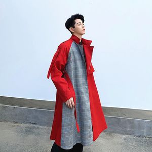 Medium herrar och lång pläd skarvad Vintage ChictRench Coat Ny Loose hacked Bandage Red Windbreaker Autumn Winter Fashion