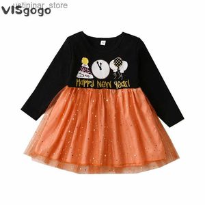 Girl's Dresses VISgogo Kids Girl New Year Dress Long Sleeve Letter Print Sequined Mesh A-Line Dress for Toddler Baby Spring Fall Casual Clothes L47