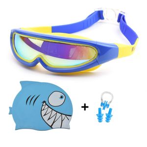 SG007 Barnens stora ram Vattentät anti-dimma Simgglasögon Set Pu Tyg Fish Swimming Cap Silicone Nos Clip Earplugs