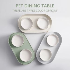 One-desigh Semi Enclosed Anti Spill Pet Dining Table Dual Feeder Neck Protect Nonslip Vertebra Ceramic Bowl Dog Cat Water Food