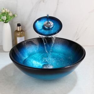 KEMAIDI Blue Ocean Tempered Glass Basin Sink Bathroom Waterfall Washbasin Lavatory Combine Vessel Vanity Tap Mixer Faucet Set