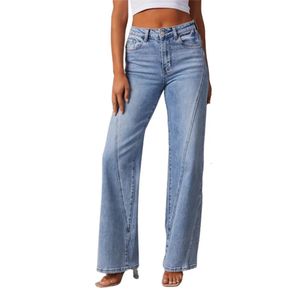 2024 Patchwork szerokie nogi dżinsy kobiety Mid talii luźne mikrobłasowane dżinsowe spodnie żeńskie spodnie swobodne streetwear 240328