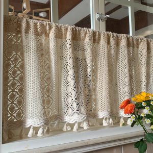 Home Boho Sheer Curtain Valance with Handmade Tassels Short Farmhouse Decor Window Treatment for Kitchen Cafe Rod Pocket 1 Panel