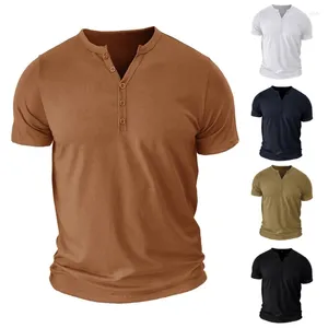 Men's T Shirts Men Summer Short Sleeve Button V Neck T-Shirt Cotton Stretch Solid Color Blouses