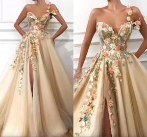 Sexy Split Flowers One Shoulder A line Tulle Prom Dresses Backless Evening Gowns Birthday Party Special Occasion Wear