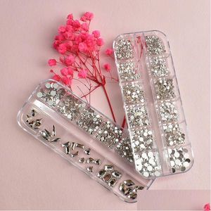 Nail Art Kits Decorations 12 Grid Box Crystal Rhinestone Set Round Flat Glass Mixed Shape Size Fingernail Diy Decoration Accessories D Otjgb